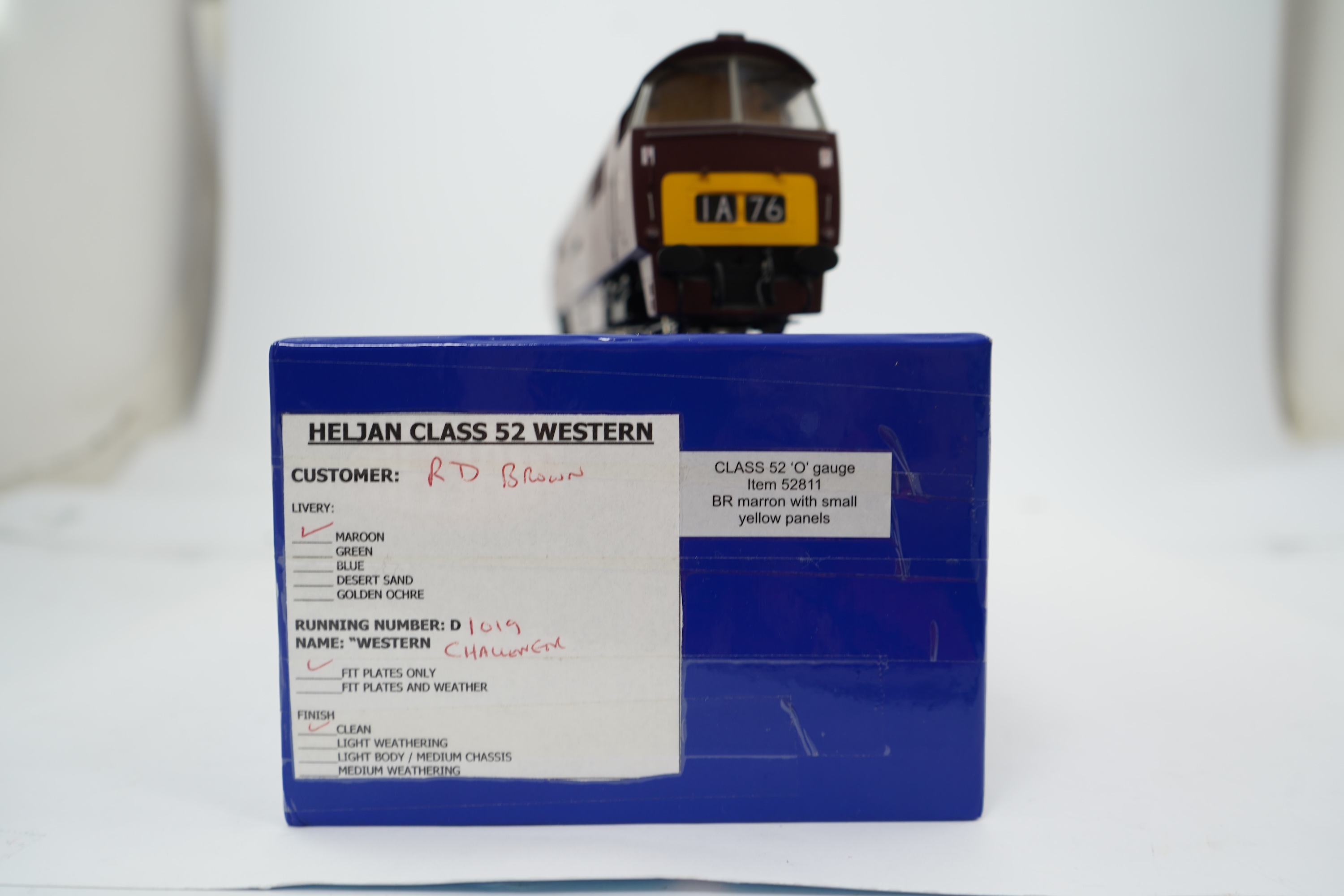 An 0 Gauge Heljan model Class 52 Western Challenger D1019 Co-Co diesel hydraulic locomotive, powered for two rail operation, with original box.